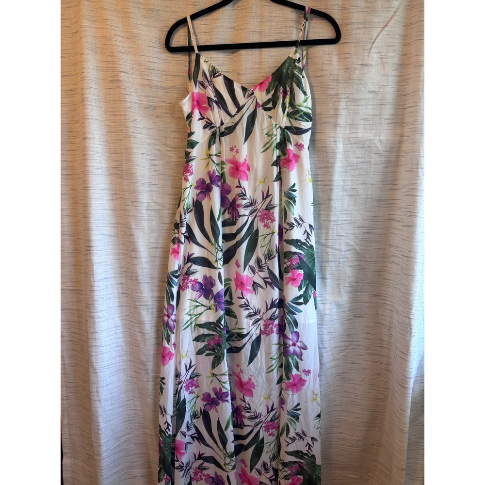 Guess Los Angeles Tropical Floral Open Back Maxi Dress White Pink Purple Large